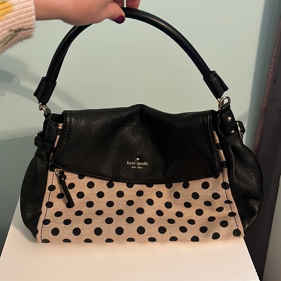 Kate Spade handbag in black leather and khaki canvas with polka dot print - Picture 1 of 5